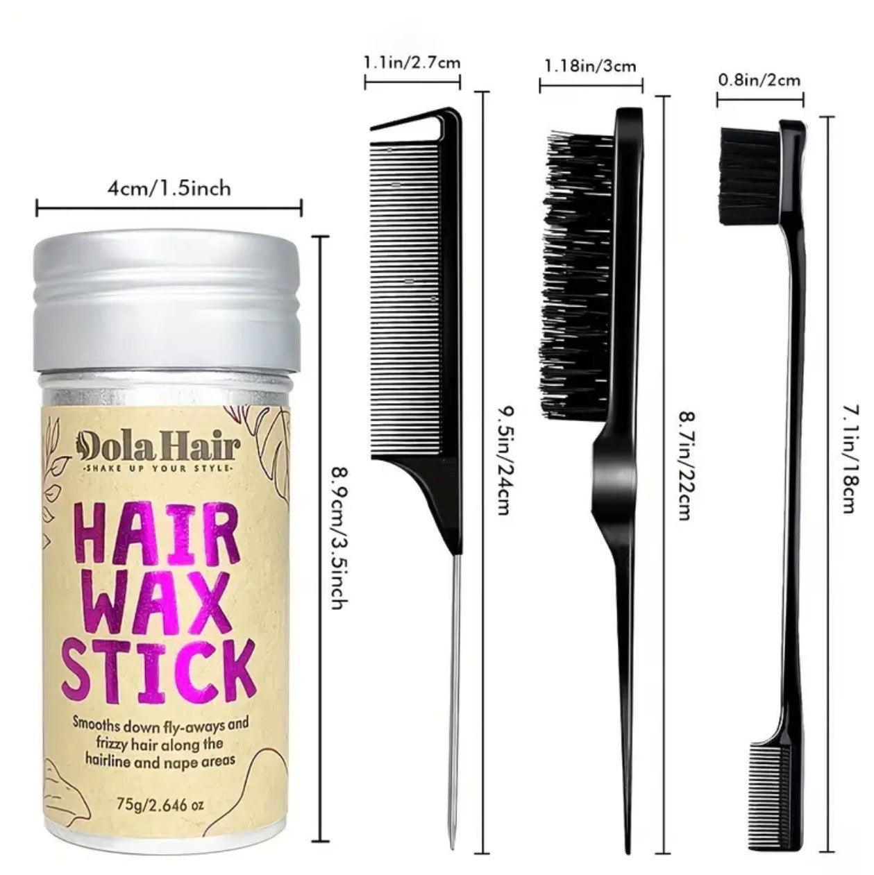 4-Piece Hair Styling Set – Non-Greasy Wax Stick, Slick Back Brush, Rat Tail Comb & Edge Brush for Flyaways and Wigs